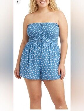 XL Blue Floral Strapless Romper